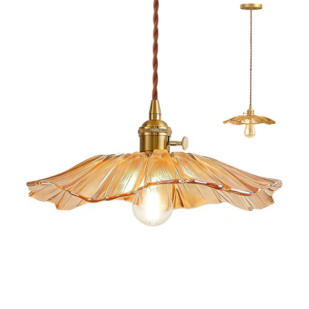 Lámpara colgante vintage de vidrio ámbar ondulado E26 60W - Para comedor, altura ajustable, montaje en techo