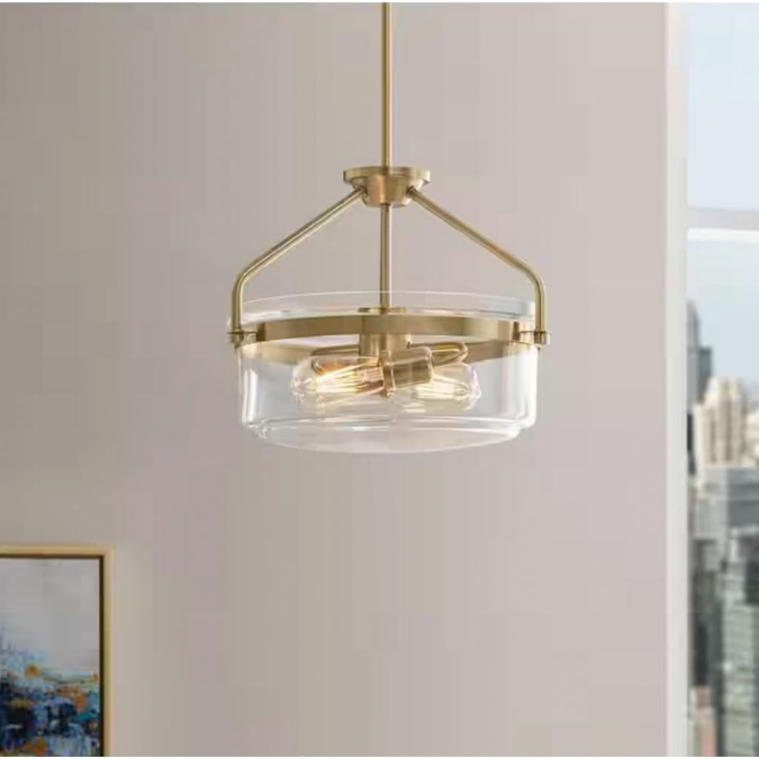 Lámpara Colgante Semiempotrada Dorada con Pantalla de Cristal 2 Luces E27 120W Interior
